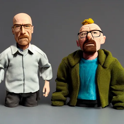 Prompt: two claymation figures of walter white and jesse pinkman, studio lighting