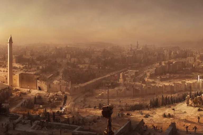 Image similar to jerusalem in the year 3 0 5 0, matte painting, long shot, concept art, wide shot, digital art, trending on artstation, 4 k, extremely detailed, realistic, midday, warm colors, golden sunlight, by greg rutkowski, cinematic, epic