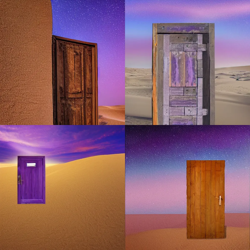 Prompt: a wooden door lost in the middle of a desert of multicoloured sand with meteors flying in the back of the purple sky shining sun