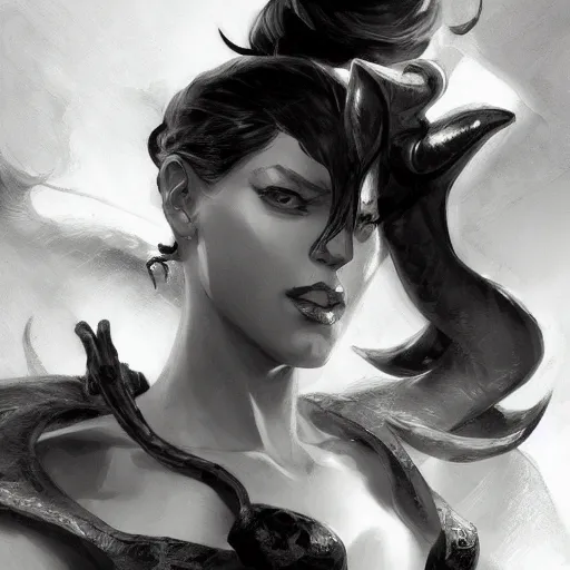 Image similar to highly detailed beautiful black and white photography of a tiefling, sharp focus, dynamic lighting, elegant harmony, beauty, masterpiece, by riccardo federici, by craig mullins, by greg tocchini, by greg rutkowski