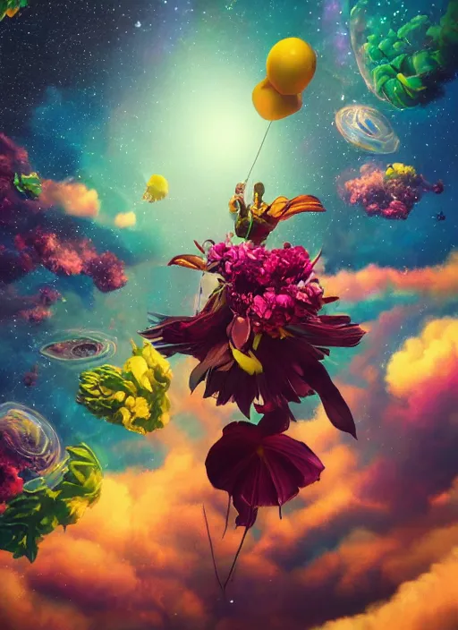 Prompt: An epic fantastic realism comic book style painting of the most beautiful flying flowers launched across the dark and starry galaxy, floating bouquets, fisheye, unreal 5, DAZ, hyperrealistic, octane render, dynamic lighting