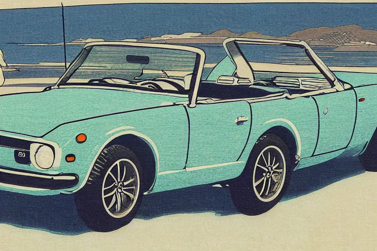 Image similar to ukiyo - e painting of a 1 9 6 9 datsun fairlady roadster