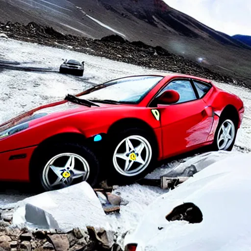 Image similar to crashed ferrari, 3 model lines on top of mount everest