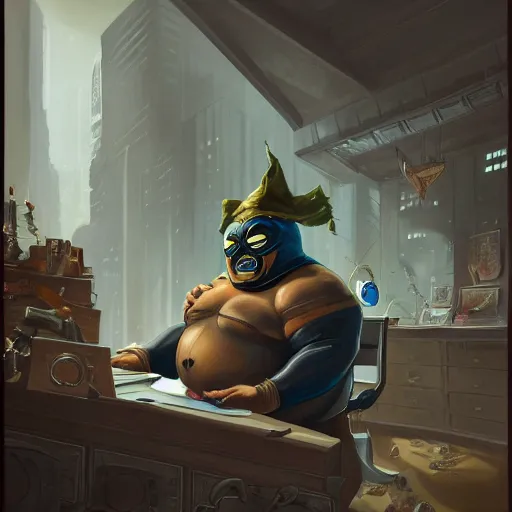 Image similar to a insanely detailed painting of a fat masked superhero wearing a costume sitting at a desk, staring at the nervously at the computer typing, in the style of peter mohrbacher, dramatic lighting and composition, trending on artstation, concept art, comic book