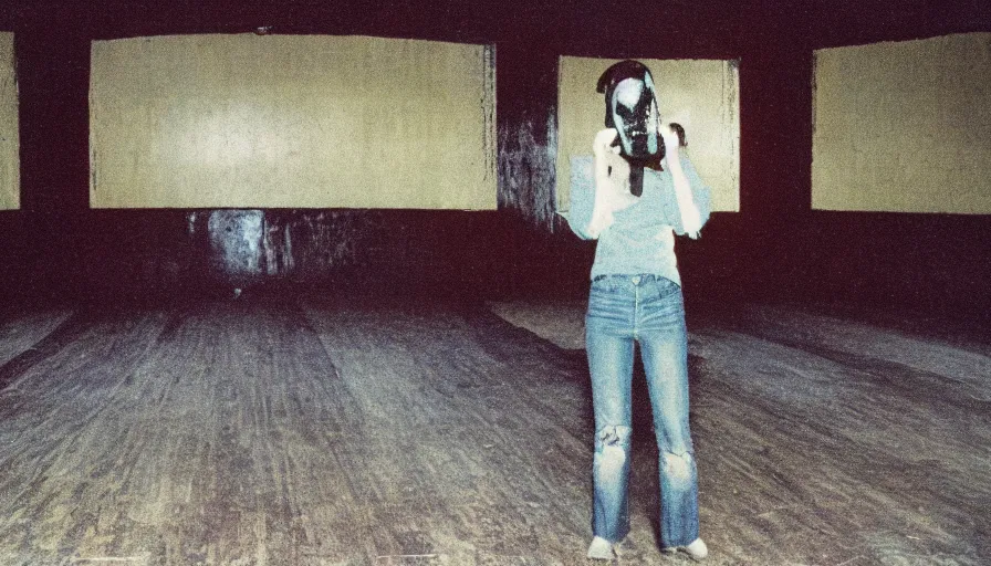 Prompt: 7 0 s film still from a horror movie with one person standing omniously in an abandoned bowling alley, kodachrome, cinecolor, cinestill, photorealism, cinematic, film grain, film texture, vhs recording