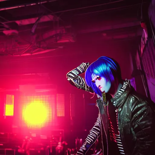Image similar to 3 d render of a punk at a japanese metal concert in a cyberpunk world, made using maya and arnold, bright neon colors, intricate details, complementary colors, detailed face, backlighting, octane render, depth of field, extremely detailed, trending in artstation, focus on face, sharp focus, radiant light, raytraced, ray tracing, 8 k, beautiful composition