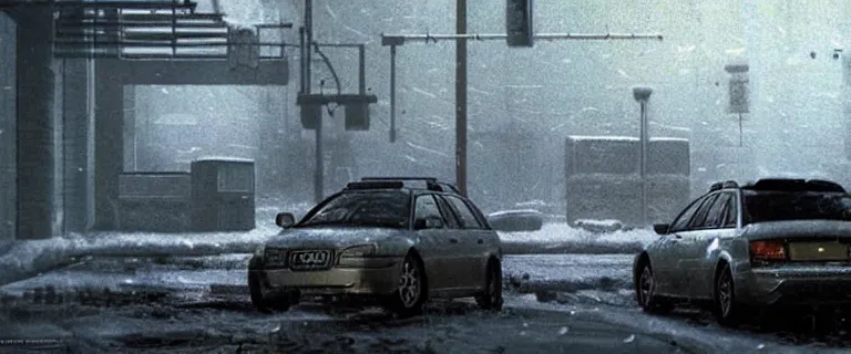 Image similar to Audi A4 B6 Avant (2002), a gritty neo-noir, dramatic lighting, cinematic, eerie person, death, homicide, homicide in the snow, viscera splattered, gunshots, establishing shot, extremely high detail, photorealistic, cinematic lighting, artstation, by simon stalenhag, Max Payne (PC) (2001) winter New York at night, In the style of Max Payne 1 graphic novel, flashing lights, Poets of the Fall - Late Goodbye