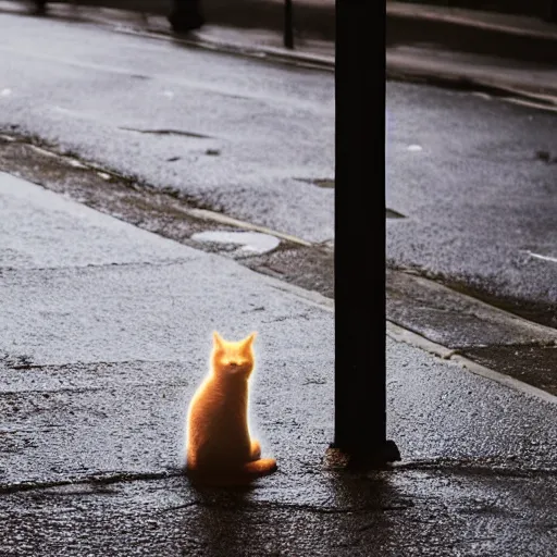 Image similar to Cat sitting on wet street corner with, glowing exclamation mark over its head, glowing exclamation mark over its head, high detail, 4k