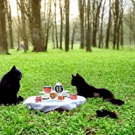 Image similar to golden retriever and a black kitty having a tea party in the forest