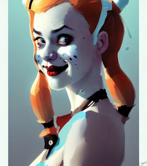 Image similar to portrait of cute harley quinn by atey ghailan, by greg rutkowski, by greg tocchini, by james gilleard, by joe fenton, by kaethe butcher, dynamic lighting, gradient light blue, brown, blonde cream and white color scheme, grunge aesthetic