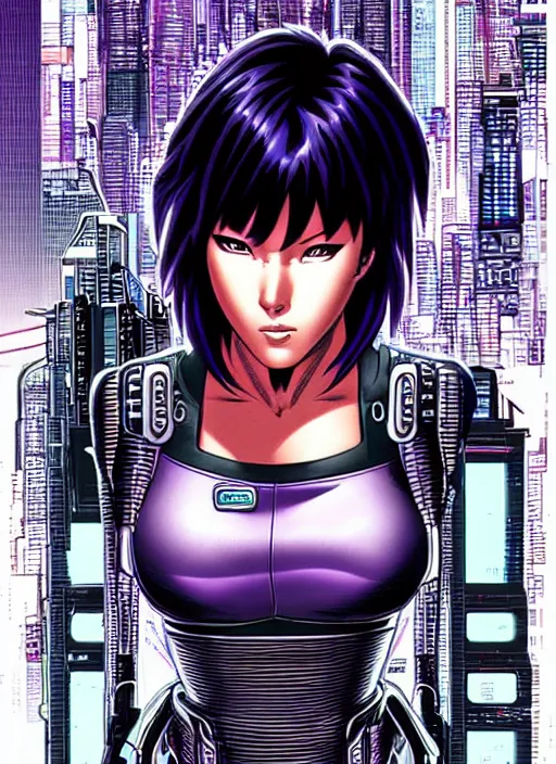 Image similar to motoko kusanagi in grungy cyberpunk megacity, intricate and finely detailed, cyberpunk vaporwave, portrait by j scott campbell