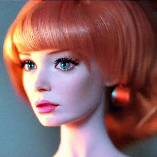 Image similar to amazing beautiful Christina Hendricks barbie doll in the living room, film still from the movie directed by Denis Villeneuve , wide lens