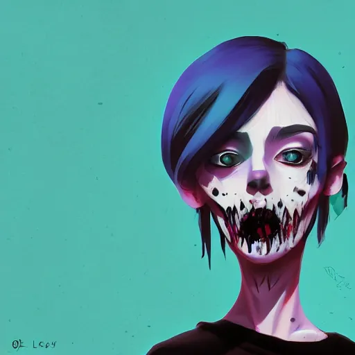 Image similar to Digital portrait of a cartoon punk zombie young lady by Atey Ghailan, by Loish, by Bryan Lee O'Malley, by Cliff Chiang, ((dark blue moody background))