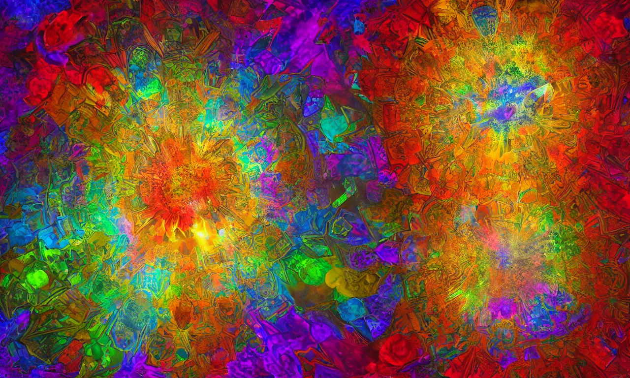 Image similar to acrylics blob voronoi engine laboratory 3 d volume kaleidoscope mandala fractal chakra digital multicolor stylized concept substance liquid nebula stone, a spectacular view cinematic rays of sunlight comic book illustration, by john kirby radiating a glowing aura global illumination ray tracing hdr depth fog overlay multiply photoshop layer