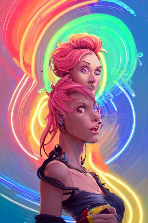 Image similar to a award winning portrait of a beautiful woman with stunning eyes in a one off shoulder croptop and cargo pants with rainbow colored hair, outlined by whirling illuminated neon lines and fine lines swirling in circles by jesper ejsing and rhads and makoto and shinkai and lois van baarle, digital art, trending on artstation