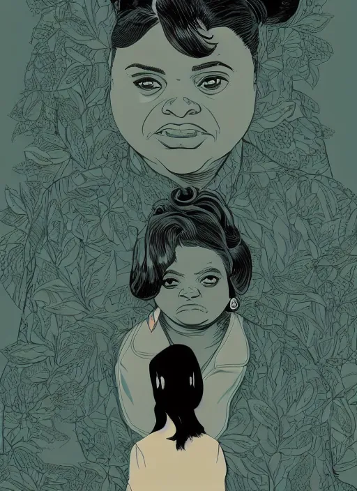 Prompt: poster artwork by James Jean and Tomer Hanuka, of Octavia Spencer has a mysterious man's voice in her hear who lives in a resort, psychological thriller film scene from scene from Twin Peaks, clean, simple illustration, nostalgic, domestic, full of details