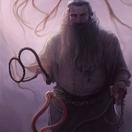 Prompt: A portrait of a cleric of Cthulu with short dark hair and a trimmed beard, as dark magic emanates from his necklace tentacles spur from the water, digital art by Ruan Jia
