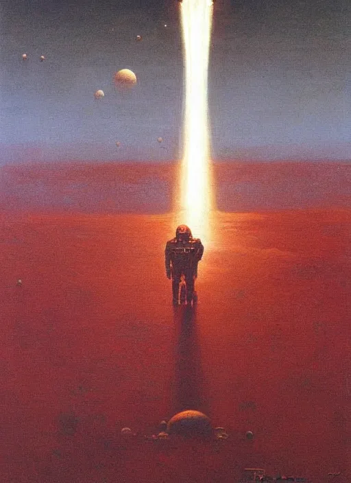 Image similar to A painting in a style of Beksinski featuring Elon Musk on mars. There is a rocket in the sky. Very detailed, symmetry