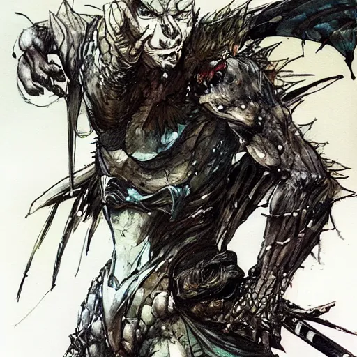 Image similar to Sad Lizard Man, drawn by Yoji Shinkawa, water color, Dungeons and Dragons, Wizards of the Coast