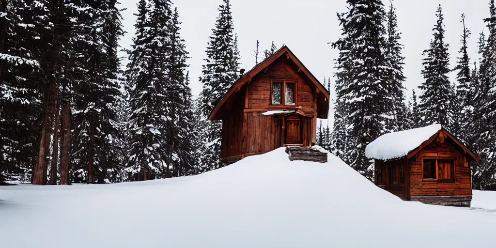 Prompt: small wooden house covered with snow near the emerald lake in canada in winter