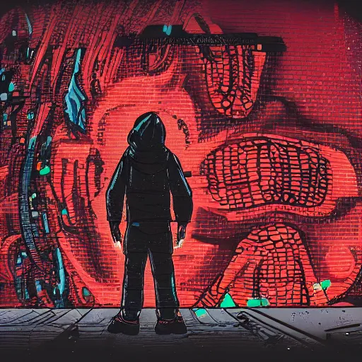 Prompt: in the style of max prentis and deathburger and laurie greasley a close up of a young explorer wearing a cyberpunk headpiece spraying graffiti on a wall, fish eye lens, highly detailed, 8 k wallpaper