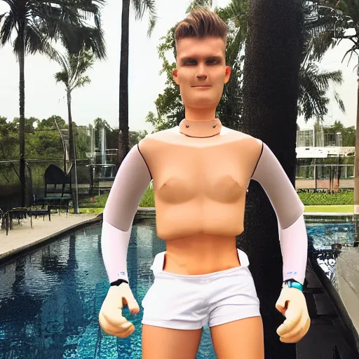 Image similar to a realistic detailed photo of a guy who is an attractive humanoid who is half robot and half humanoid, who is a male android, soccer player timo werner, shiny skin, posing like a statue, blank stare, by the pool, on display, showing off his muscles, humanoid robot, frozen ice statue, made of ice