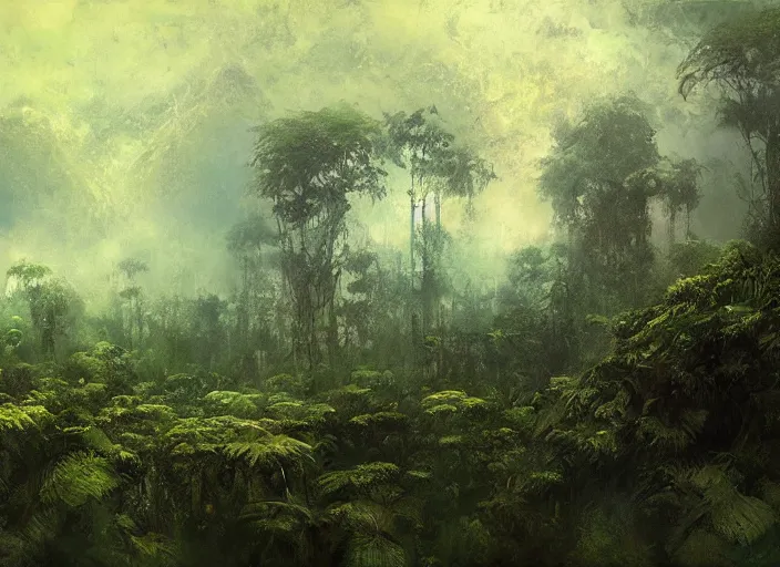 Image similar to a vast lush jungle, an overgrown City can be seen far in the distance, masterpiece, painterly, art by artem demura, emotion, fantasy art,