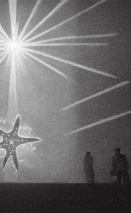 Image similar to light coming out of one starfish - like kaiju anthropomorphic monster, korean film noir by kim jong - il, korean traditional palace, pyongyang city, 1 9 6 0 s, red color bleed, 4 k, video compression, video glitch, monochrome, akira kurosawa, mamoru oshii, wes anderson, stanley kubrick