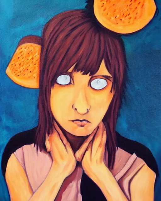 Image similar to a painting of an emo teenager with cantaloupe vibes.