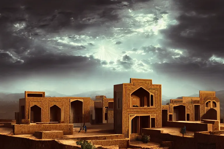 Prompt: Iranian architecture in a Iranian valley, dramatic sky, digital art, 4k, 8k, trending on ArtStation