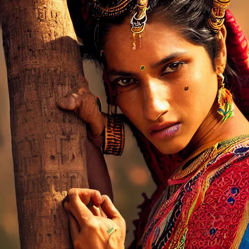 Image similar to portrait of a stunningly beautiful south asian tribal female, depth of field, zeiss lens, detailed, symmetrical, centered, fashion photoshoot, by Annie Leibovitz and Steve McCurry, David Lazar, Jimmy Nelsson, Breathtaking, 8k resolution, extremely detailed, beautiful, establishing shot, artistic, hyperrealistic, beautiful face, octane render