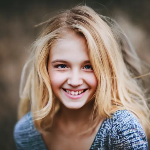 Prompt: photography of a cute blonde girl smiling at the camera