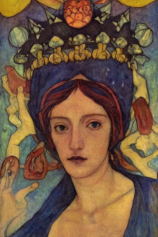 Prompt: the lantern crown, by Annie Swynnerton!!!! and Nicholas Roerich! and (Edmund Dulac) and ((((Diego Rivera)))), tattoos, elaborate costume, geometric ornament, symbolist, rich colors, dramatic lighting, smooth, sharp focus, extremely detailed