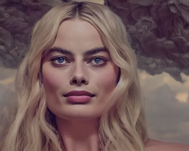 Image similar to Margot robbie as a goddess in heaven, Photography, Cinematic, Portrait, insanely detailed and intricate, hypermaximalist, elegant, ornate, hyper realistic, super detailed