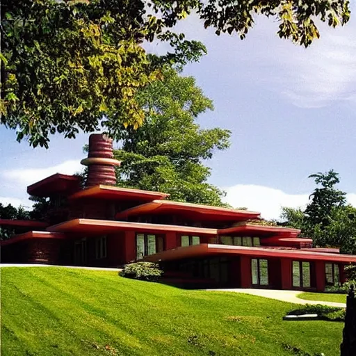 Prompt: “ an idyllic hill with many small frank lloyd wright houses with cute stylized smoke rising from their chimneys ”