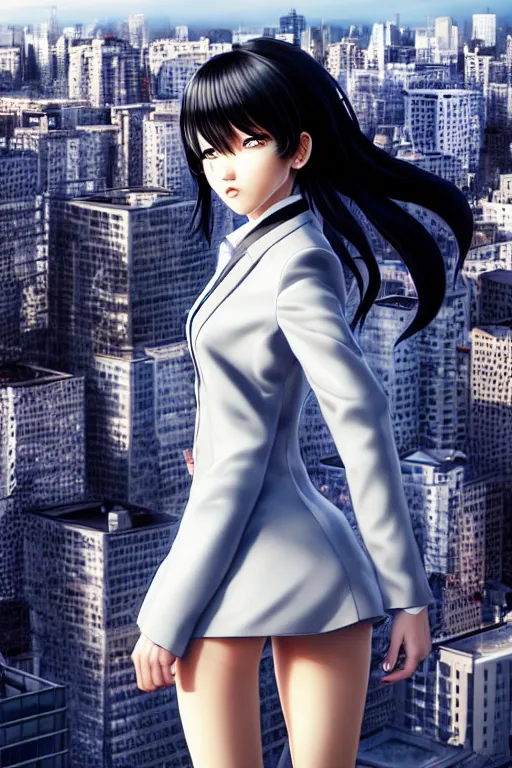 Image similar to extremely beautiful aesthetic girl with half black and half white jacket on the top of the city, full body, occlusion shadow, specular reflection, rim light, unreal engine, artgerm, artstation, art by hiroaki samura and jiro matsumoto and yusuke murata, high quality, intricate detailed 8 k, beautiful shape of face and body