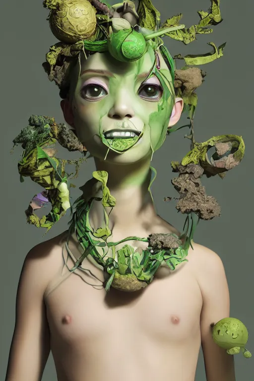 Image similar to nonbinary model, subject made of cracked clay, vine headdress, shinigami, moss patches, 2 0 mm, with pastel yellow and green bubbles bursting out, melting into bulbasaur, delicate, beautiful, intricate, houdini sidefx, by jeremy mann and ilya kuvshinov, jamie hewlett and ayami kojima, bold 3 d