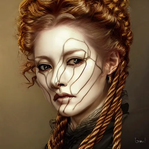 Image similar to portrait of a Shibari rope wrapped face and neck, headshot, insanely nice professional hair style, dramatic hair color, digital painting, of a old 18th century, traveler, amber jewels, baroque, ornate clothing, scifi, realistic, hyperdetailed, chiaroscuro, concept art, art by Franz Hals and Jon Foster and Ayami Kojima and Amano and Karol Bak,