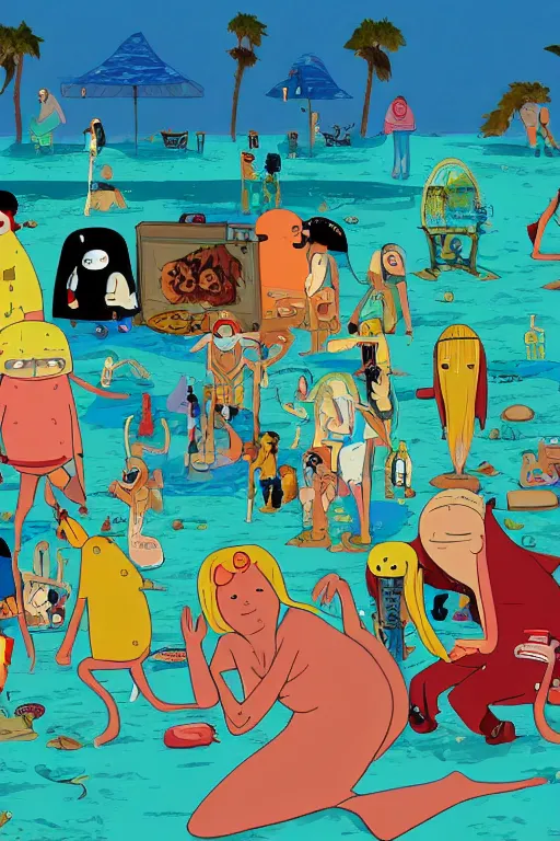 Image similar to beach blanket bingo, body horror, David cronenberg, in the style of Adventure Time