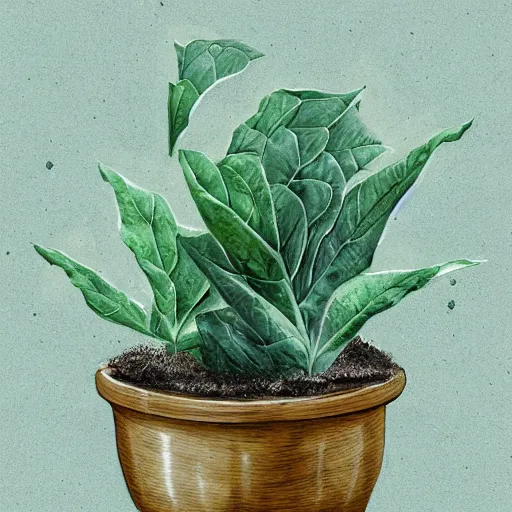 Image similar to mandrake leaves on a head in the porcelain pot, digital drawing, Harry Potter, roots, herbology, on the table in greenhouse, in the ray of sunshine, digital art, sharp focus, high detailed, calm, warm lighting, sparkles, by Rutkowsky,