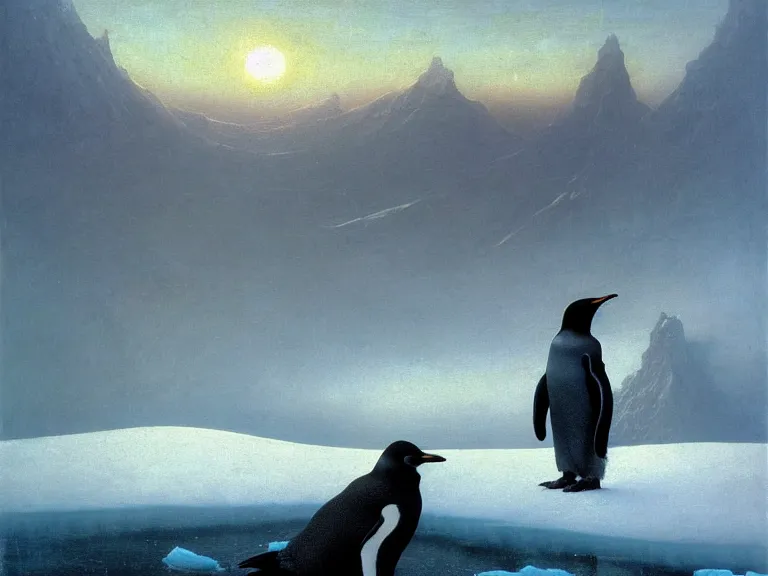 Prompt: an oil painting of a penguin next to a frozen ocean and a misty glacier at dawn. by beksinski tuomas korpi moebius and carl spitzweg. baroque elements. intricate artwork by caravaggio. oil painting. oil on canvas. award winning. dramatic. trending on artstation. 8 k