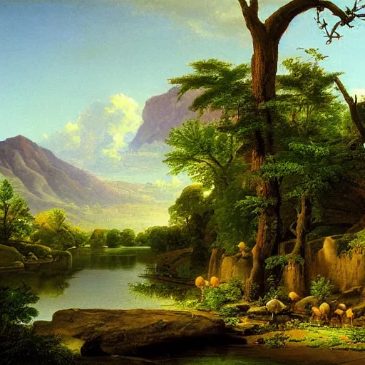 Prompt: a desert oasis, kindred spirits, lush harmony of nature, sparkling dew, by asher brown durand, by jamie jones,