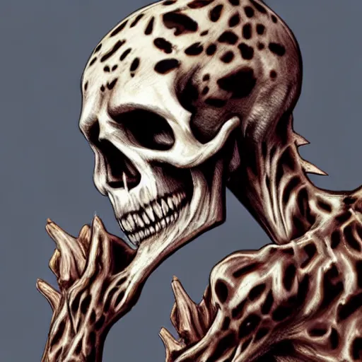 Image similar to Skull that look too much like skull!, crypt lurker!!, grasp of darkness!!!, 8k CG character rendering of a spider-like hunting female on its back, fangs extended, wearing a leopard-patterned dress, set against a white background, with textured hair and skin.