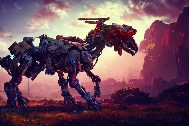 Image similar to thunderjaw machine mecanical creature robot of horizon forbidden west horizon zero dawn radiating a glowing aura global illumination ray tracing hdr fanart arstation by ian pesty and alena aenami artworks in 4 k