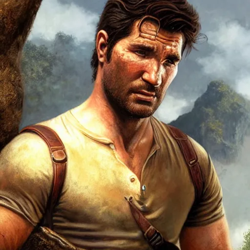 Image similar to ultra realistic portrait painting of nathan drake, art by frank frazetta, 4 k, ultra realistic, highly detailed, epic lighting