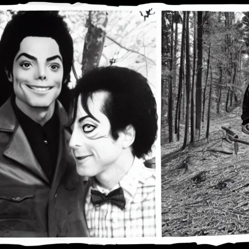 Image similar to trail cam footage of michael jackson and peewee herman,