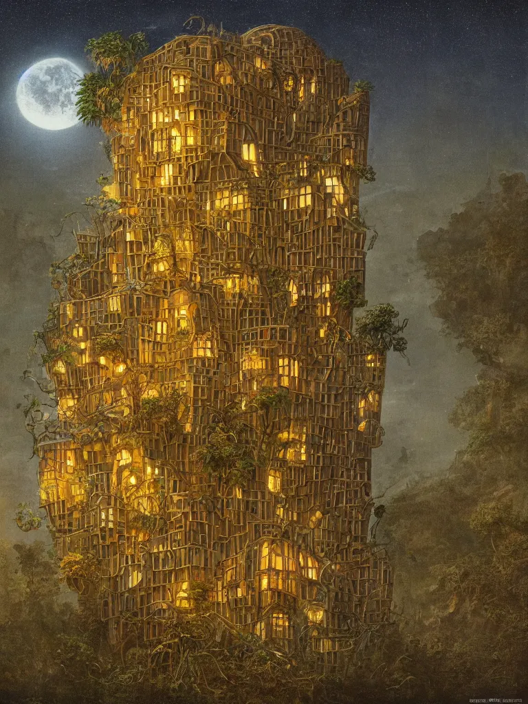 Image similar to the only building hovering over a deserted oasis on a moonlit night in the style of peter merzbacher and jacek yerka, vague picturesque illumination of three - dimensional water bodies