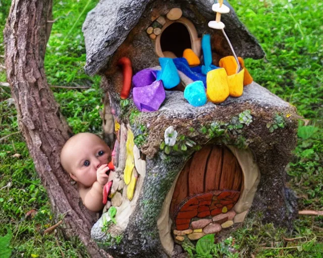 Image similar to giant baby ransacks a fairy house