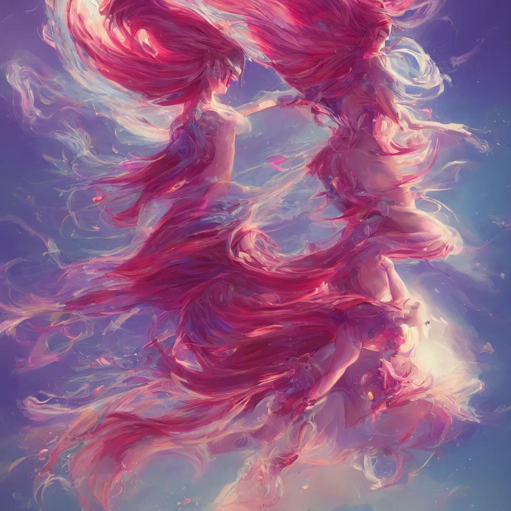 Prompt: a colorful and provenance illustrations painting of the fantasy angel flying with floral wings, highly detailed, her hair made of hair made of air wind and curling smoke, mist, dust, genie, spirit fantasy concept art, art by aenami, alena, afshar, petros and leonid, trending on artstation.