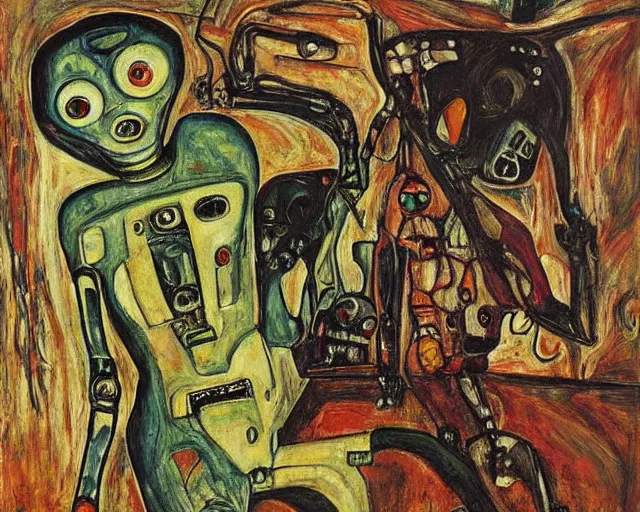 Image similar to a painting of a aliens and robots by graham sutherland, egon schiele, expressionism